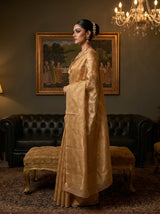 MIMOSA Peach Banarasi Art Silk Saree — Model in a festive setting