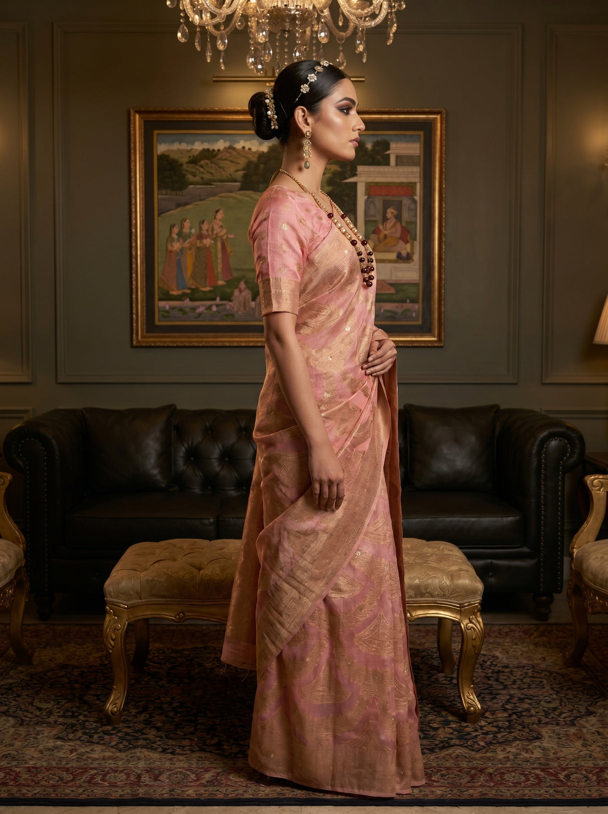 MIMOSA Pink Banarasi Art Silk Saree — Model in a festive setting