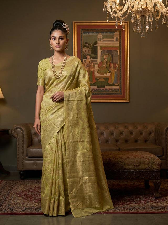 MIMOSA Pista Banarasi Art Silk Saree — Full view on mannequin