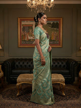 MIMOSA Rama Banarasi Art Silk Saree — Model in a festive setting