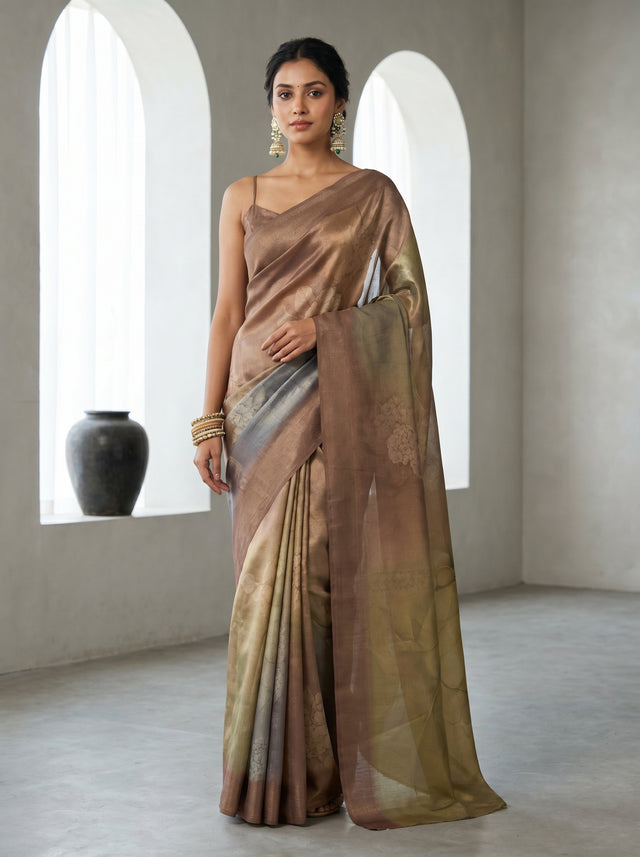 MIMOSA Chikoo Banarasi Art Silk Saree — Mannequin front view