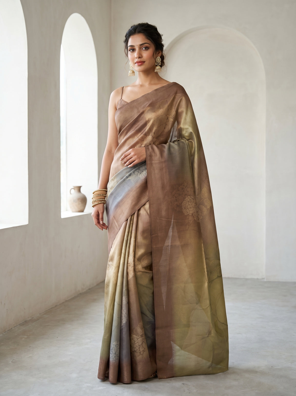 MIMOSA Chikoo Banarasi Art Silk Saree — Model standing pose