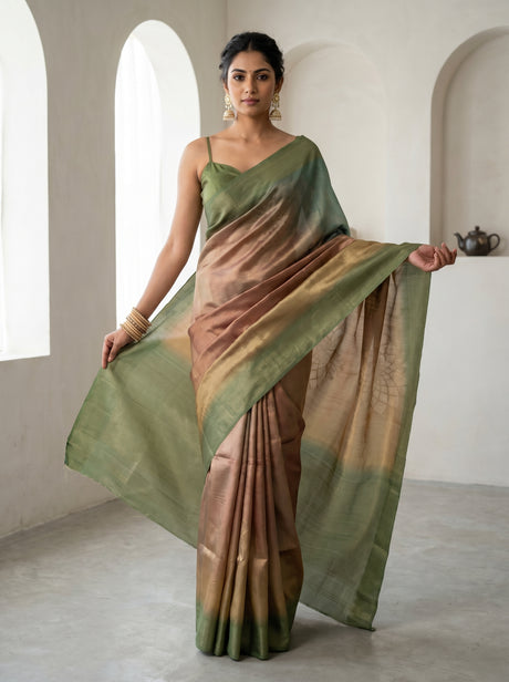 MIMOSA Green Banarasi Art Silk Saree — Mannequin front view