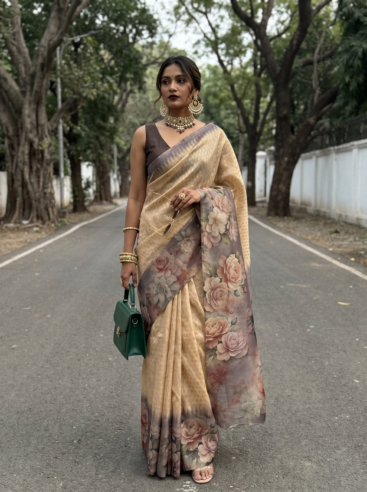 MIMOSA Chikoo Banarasi Art Silk Saree — Mannequin Draped View