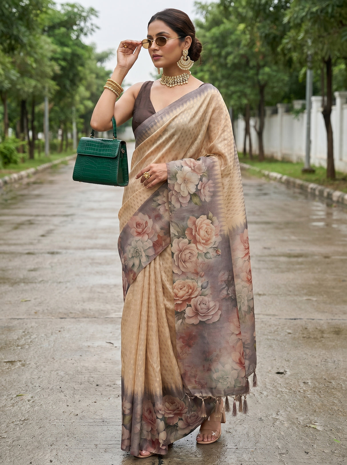 MIMOSA Chikoo Banarasi Art Silk Saree — pose 4 styling detail