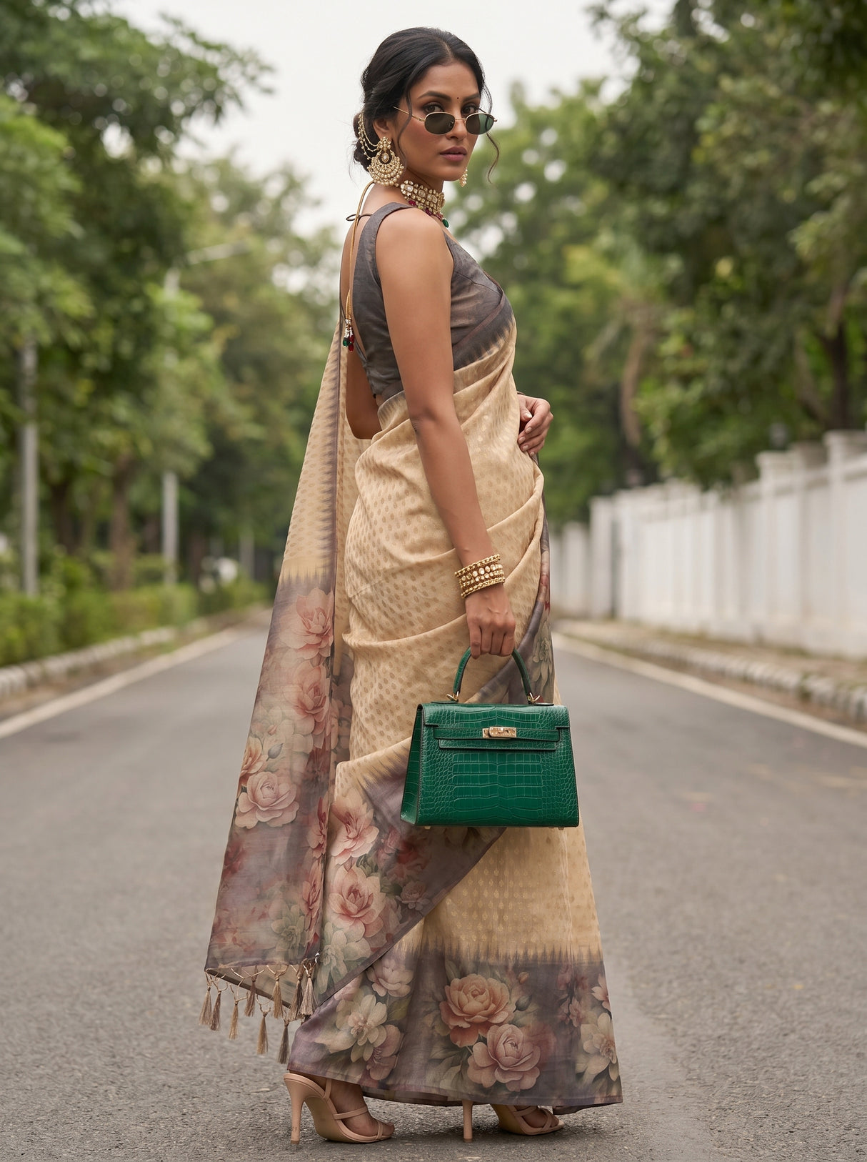 MIMOSA Chikoo Banarasi Art Silk Saree — pose 8 styling detail