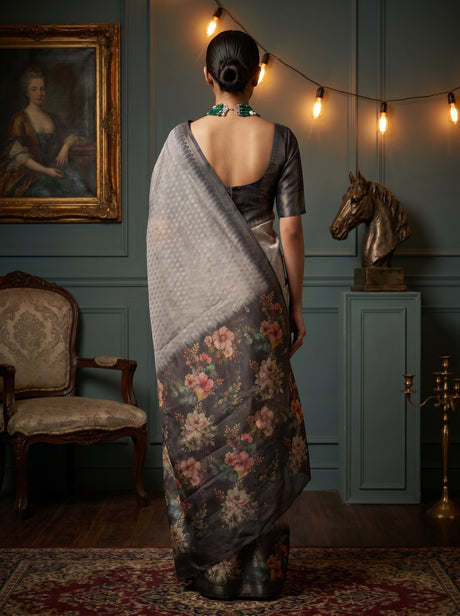 MIMOSA Grey Banarasi Art Silk Saree — Unstitched Blouse Fabric