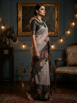 MIMOSA Grey Banarasi Art Silk Saree — Lifestyle Model Pose