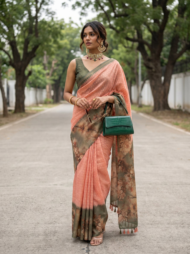 MIMOSA Peach Banarasi Art Silk Saree — Mannequin Draped View