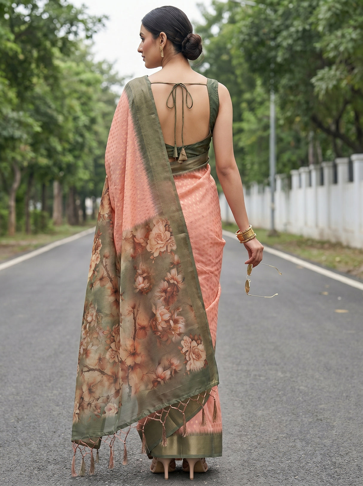 MIMOSA Peach Banarasi Art Silk Saree — Unstitched Blouse Fabric