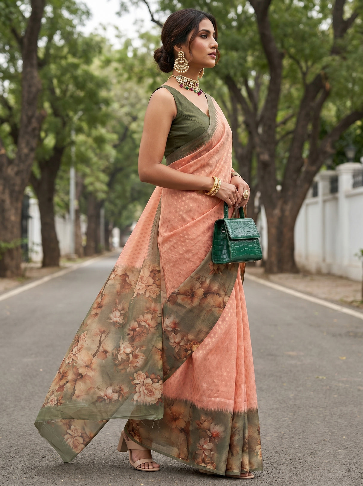 MIMOSA Peach Banarasi Art Silk Saree — Lifestyle Model Pose