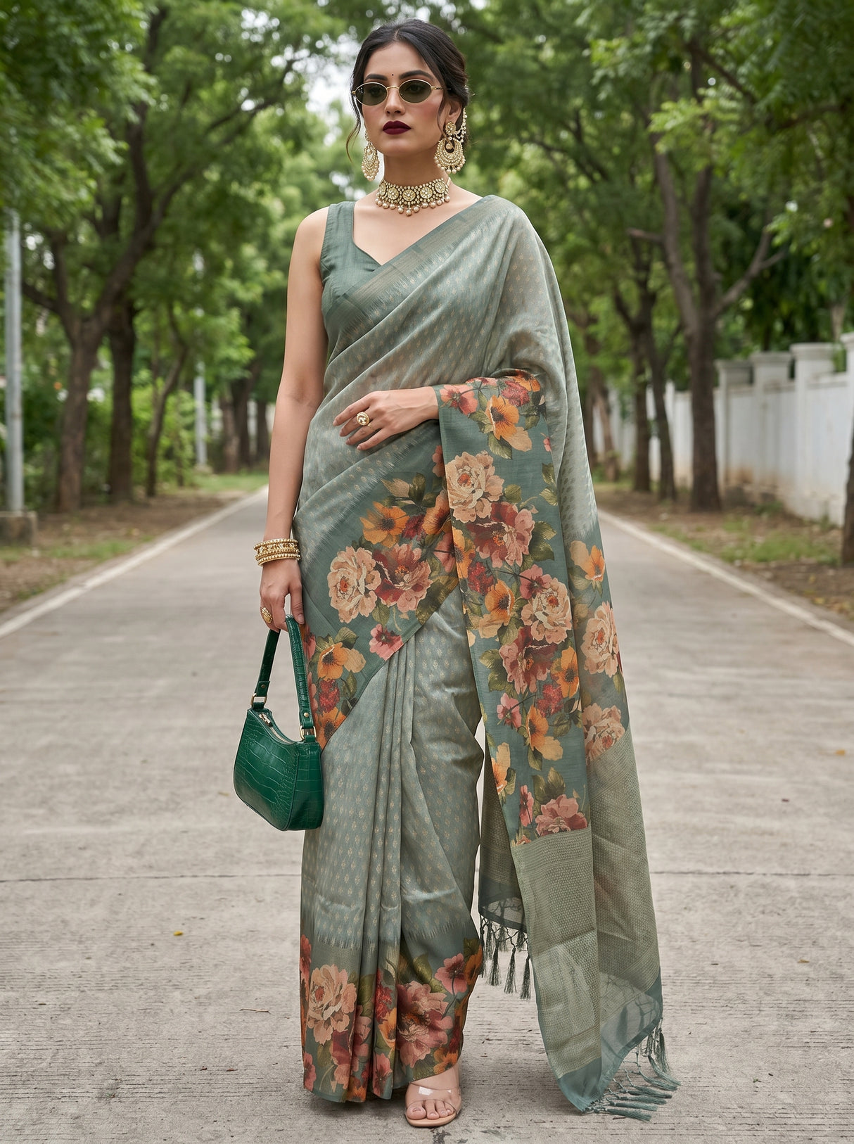 MIMOSA Pista Banarasi Art Silk Saree — Mannequin Draped View