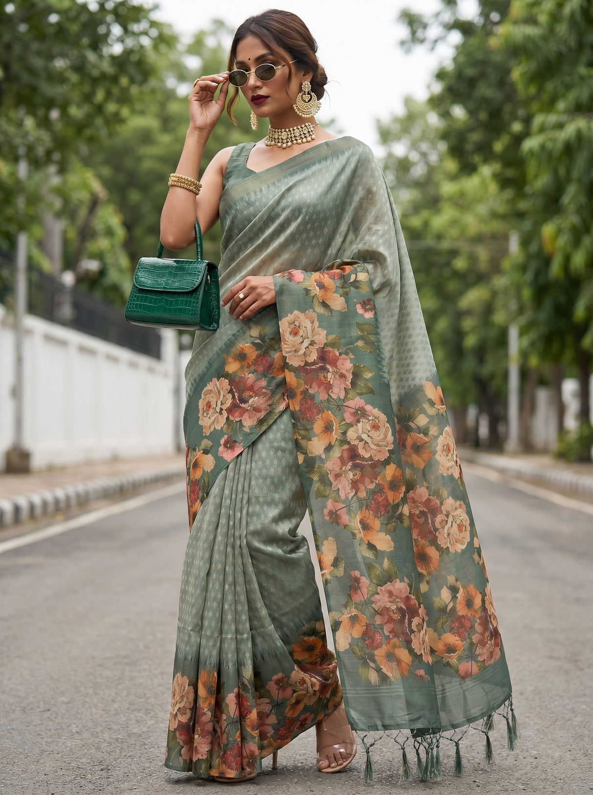 MIMOSA Pista Banarasi Art Silk Saree — Lifestyle Model Pose