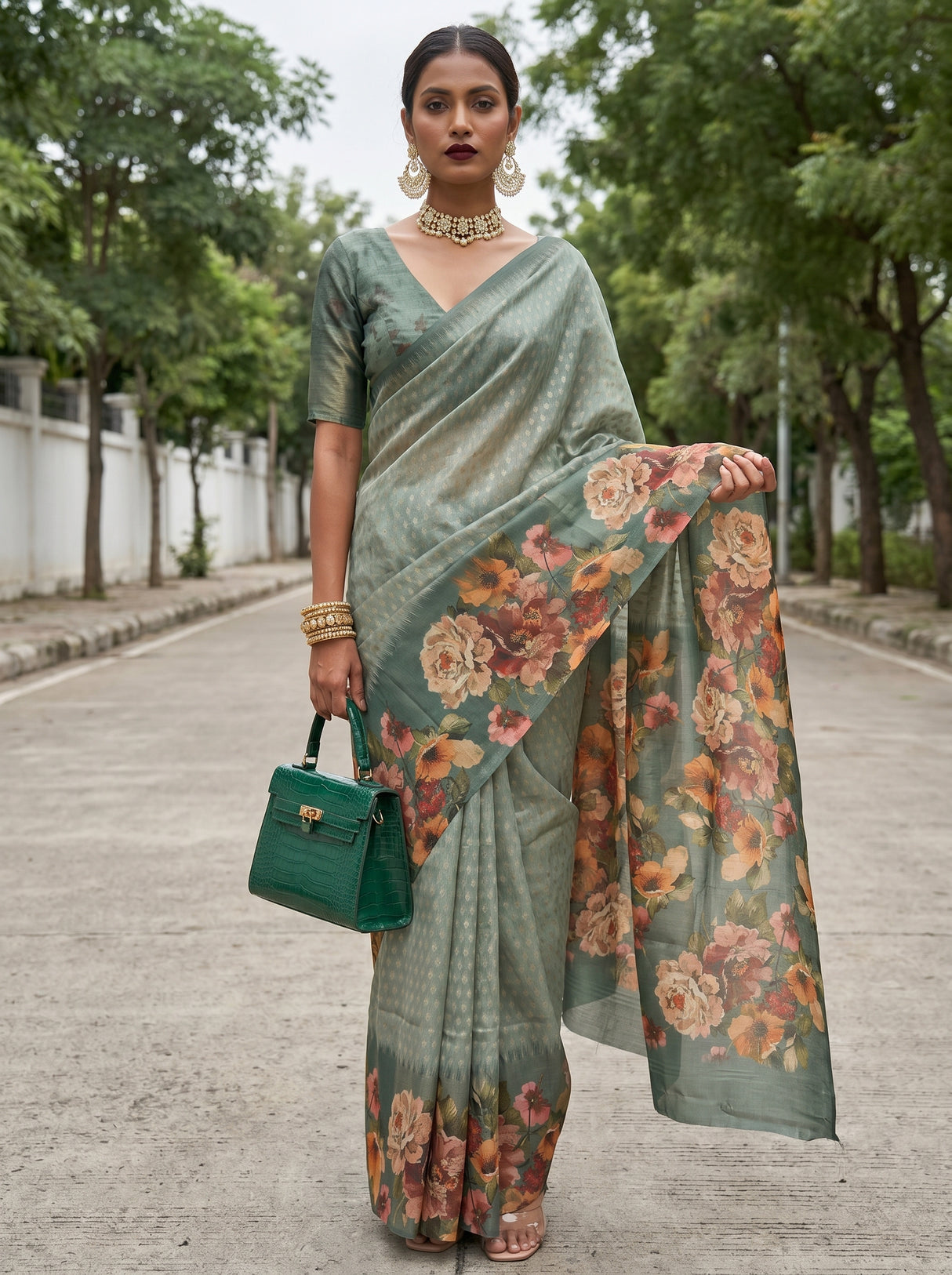 MIMOSA Pista Banarasi Art Silk Saree — pose 6 styling detail