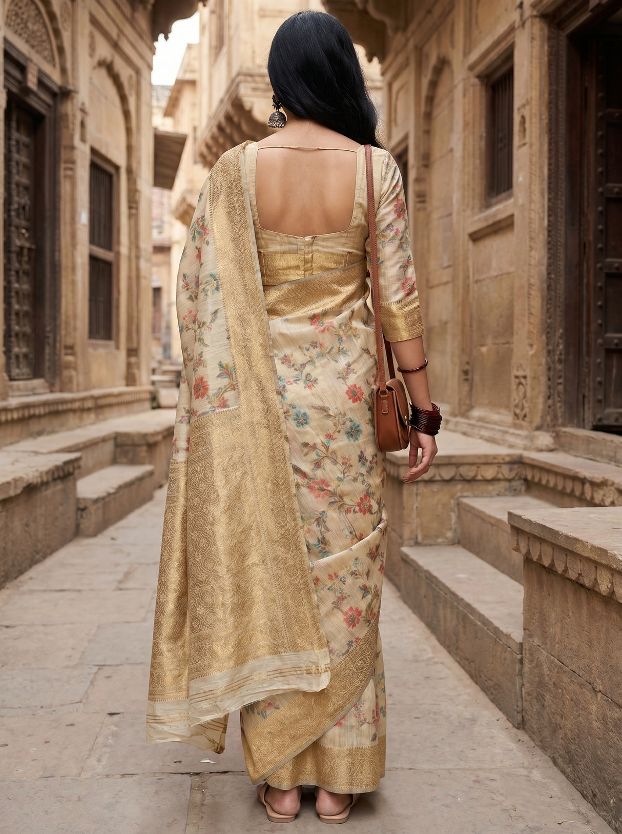 MIMOSA Chikoo Banarasi Linen Saree — Unstitched Blouse Fabric