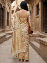 MIMOSA Chikoo Banarasi Linen Saree — Unstitched Blouse Fabric