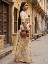 MIMOSA Chikoo Banarasi Linen Saree — Model Lifestyle Pose