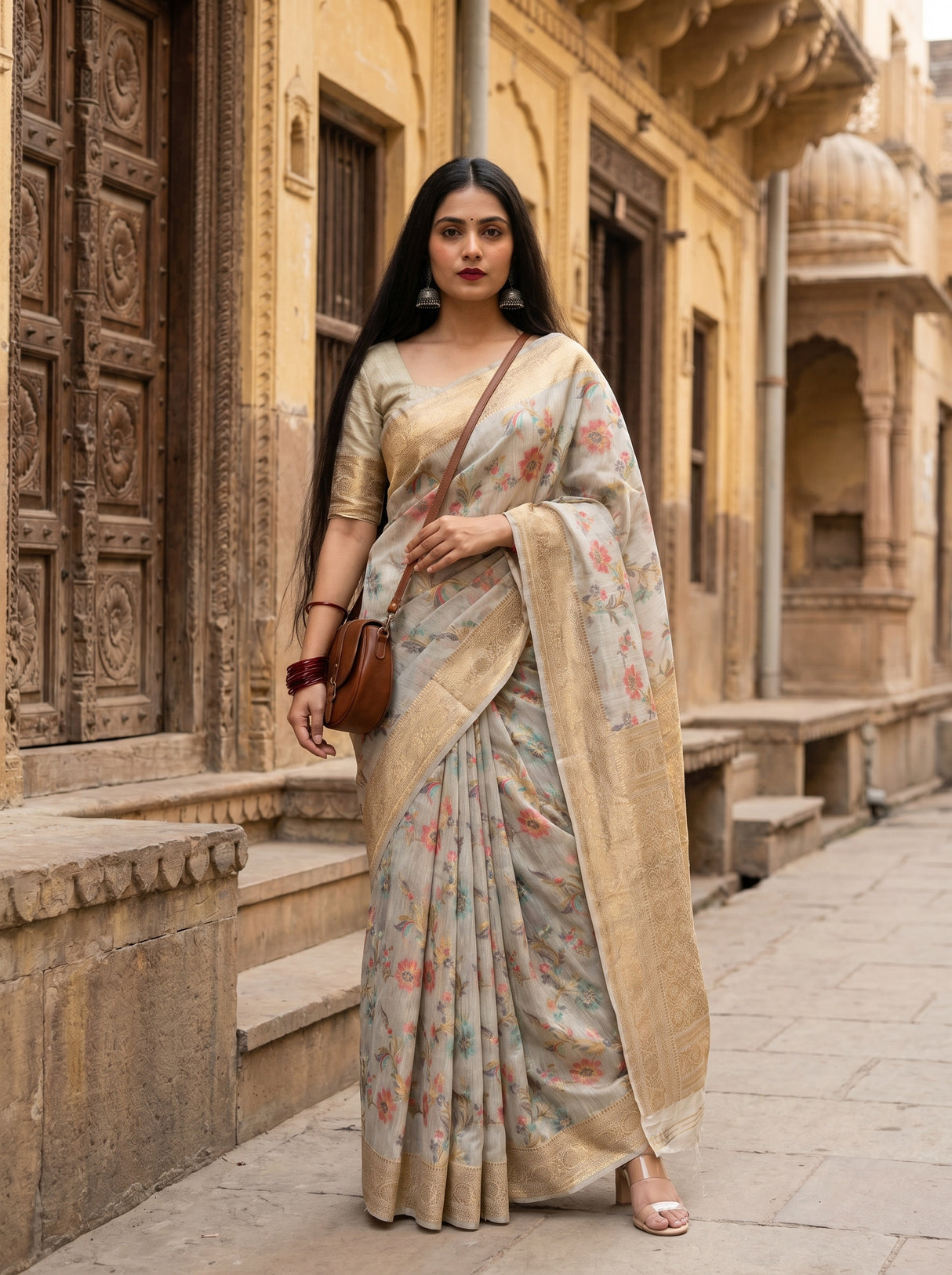 MIMOSA Grey Banarasi Linen Saree — Mannequin Draped View