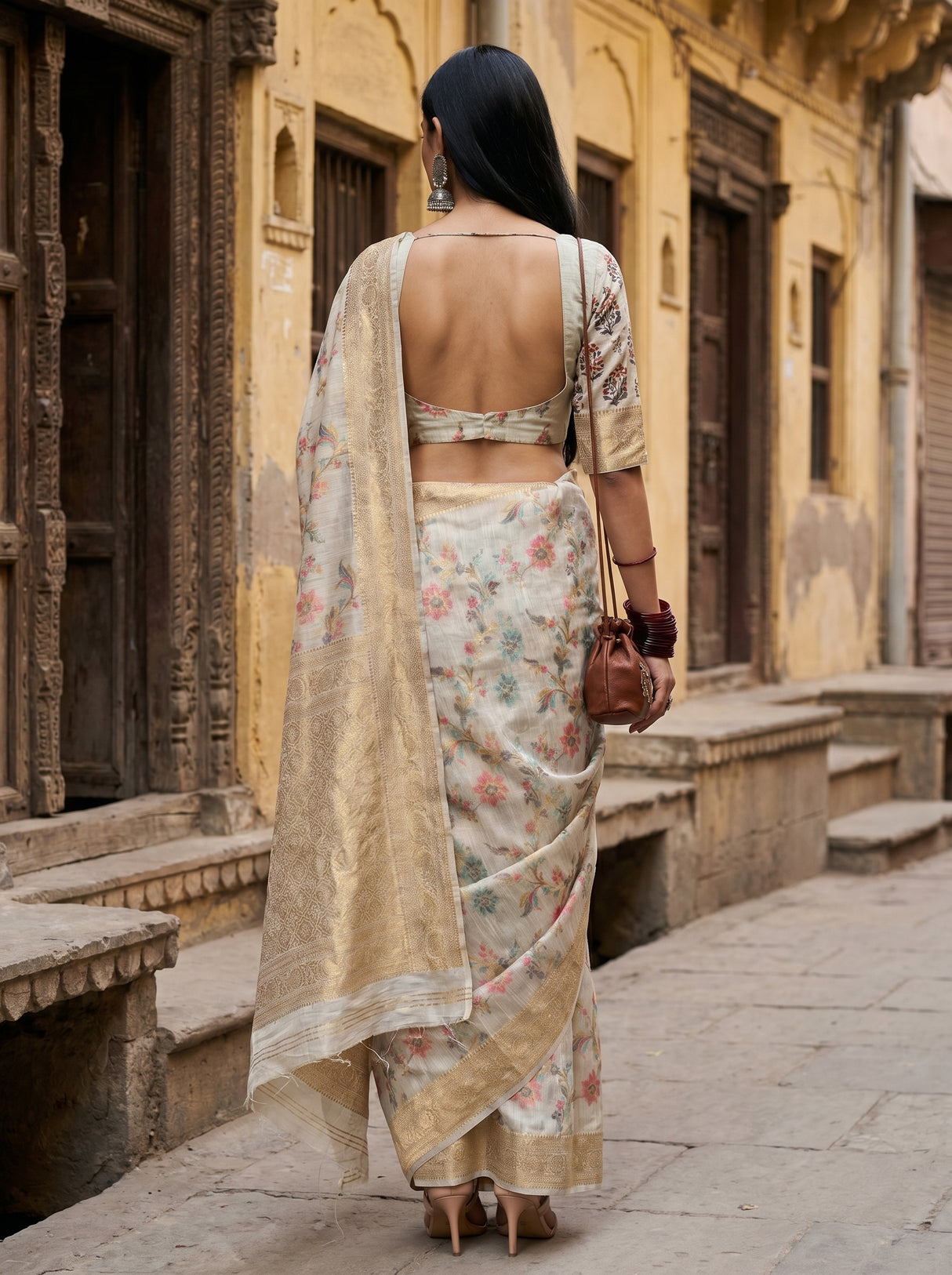 MIMOSA Grey Banarasi Linen Saree — Unstitched Blouse Fabric
