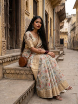 MIMOSA Grey Banarasi Linen Saree — Model Lifestyle Pose