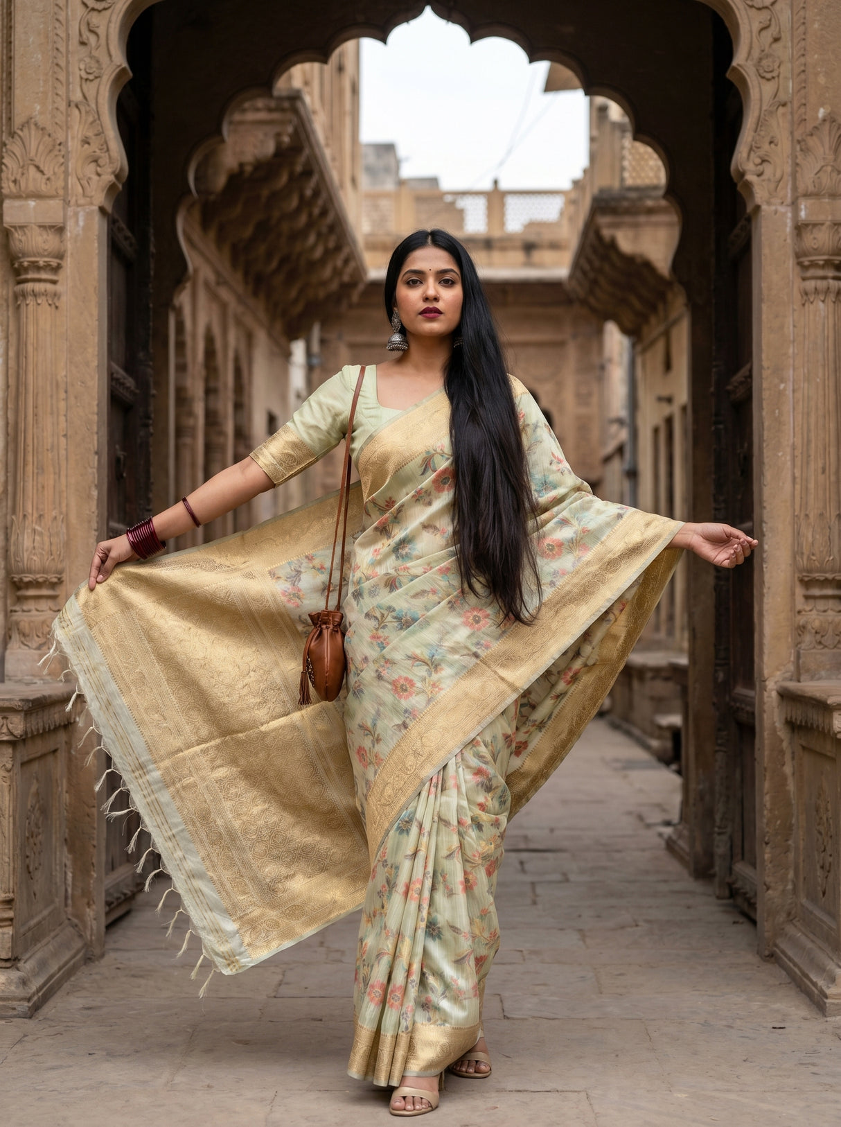 MIMOSA Peach Banarasi Linen Saree — Mannequin Draped View