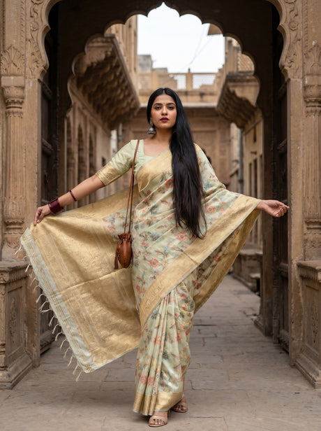 MIMOSA Peach Banarasi Linen Saree — Mannequin Draped View