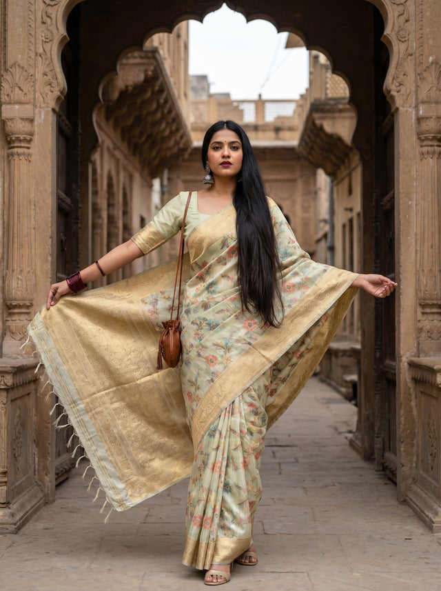 MIMOSA Peach Banarasi Linen Saree — Mannequin Draped View