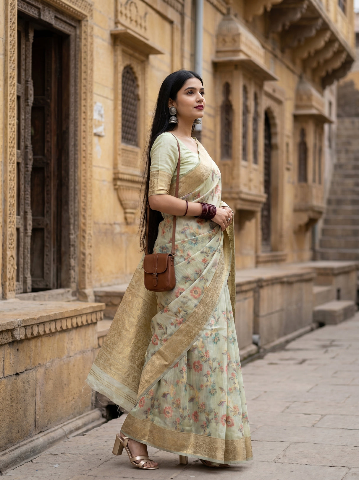 MIMOSA Peach Banarasi Linen Saree — Model Lifestyle Pose