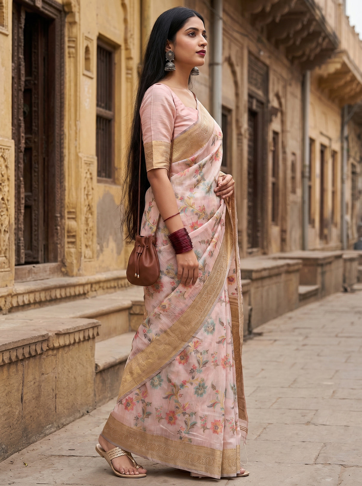 MIMOSA Pink Banarasi Linen Saree — Model Lifestyle Pose