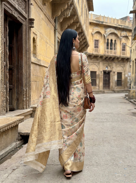 MIMOSA Pista Banarasi Linen Saree — Unstitched Blouse Fabric