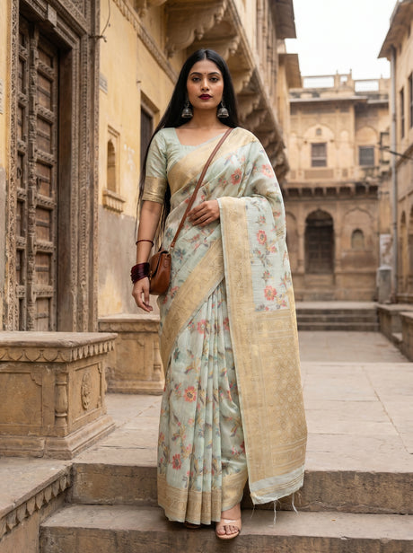 MIMOSA Rama Banarasi Linen Saree — Mannequin Draped View