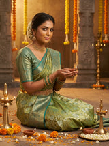 MIMOSA Olive Kanjivaram Art Silk Saree — Full View on Model