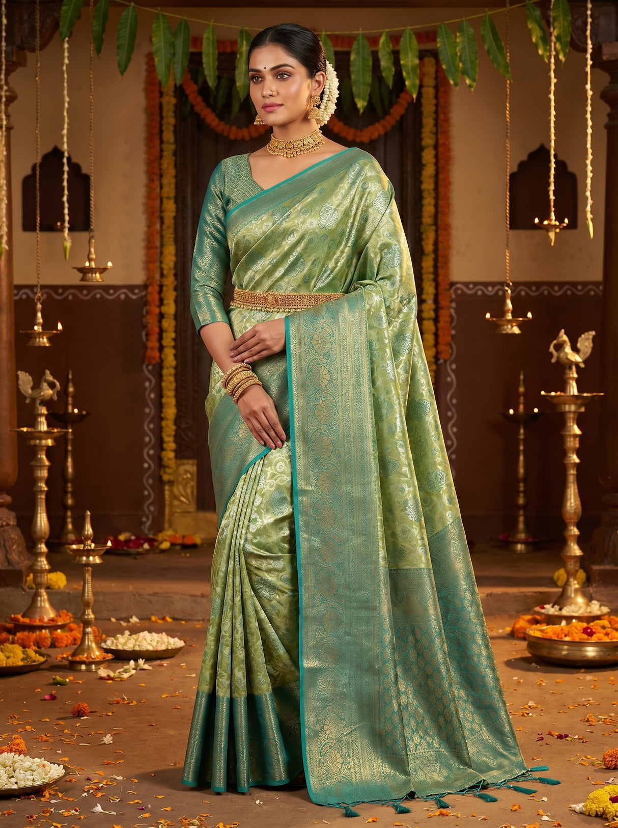 MIMOSA Olive Kanjivaram Art Silk Saree — pose 5 styling detail