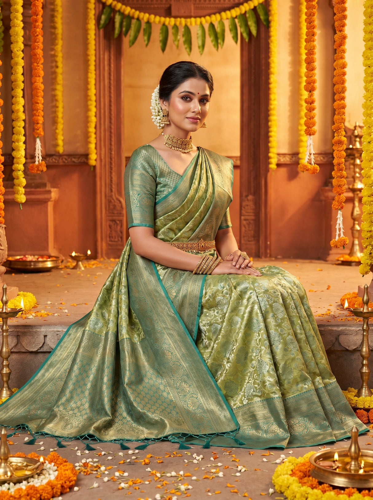 MIMOSA Olive Kanjivaram Art Silk Saree — pose 8 styling detail