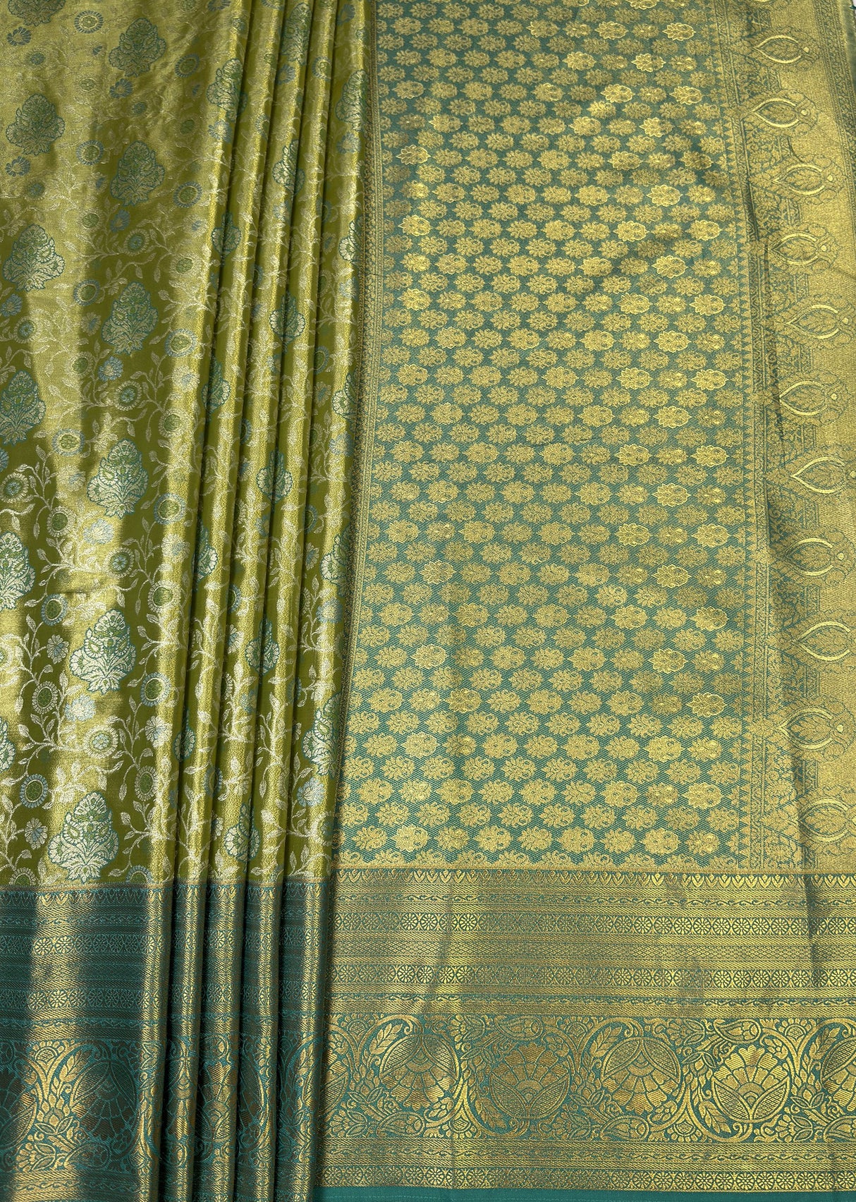 MIMOSA Olive Kanjivaram Art Silk Saree — pallu and zari work detail