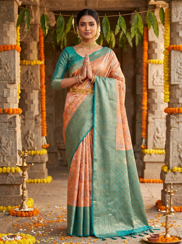 MIMOSA Orange Kanjivaram Art Silk Saree — Draped Mannequin View