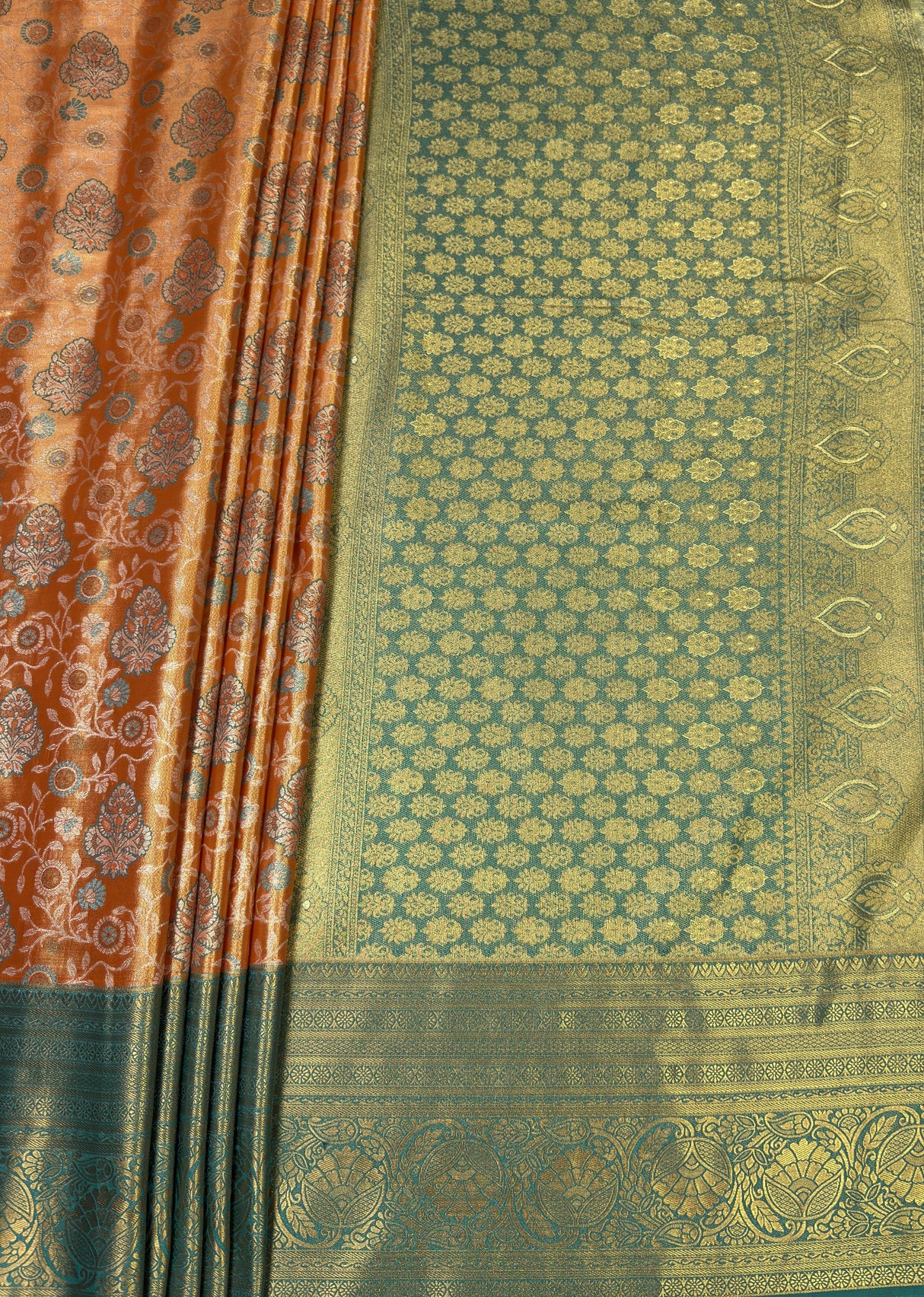 MIMOSA Orange Kanjivaram Art Silk Saree — pallu and zari work detail
