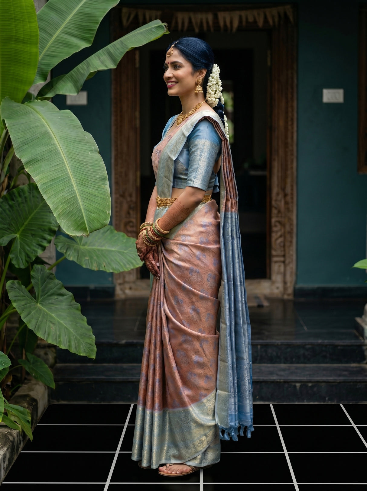 MIMOSA Chocolate Kanjivaram Art Silk Saree — pose 3 styling detail