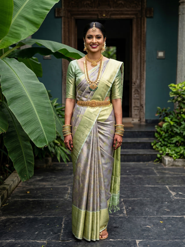 MIMOSA Grey Kanjivaram Art Silk Saree — Model lifestyle pose
