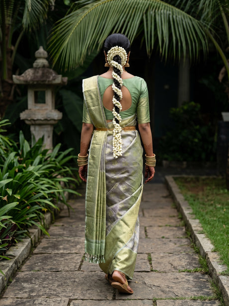 MIMOSA Grey Kanjivaram Art Silk Saree — pose 2 styling detail