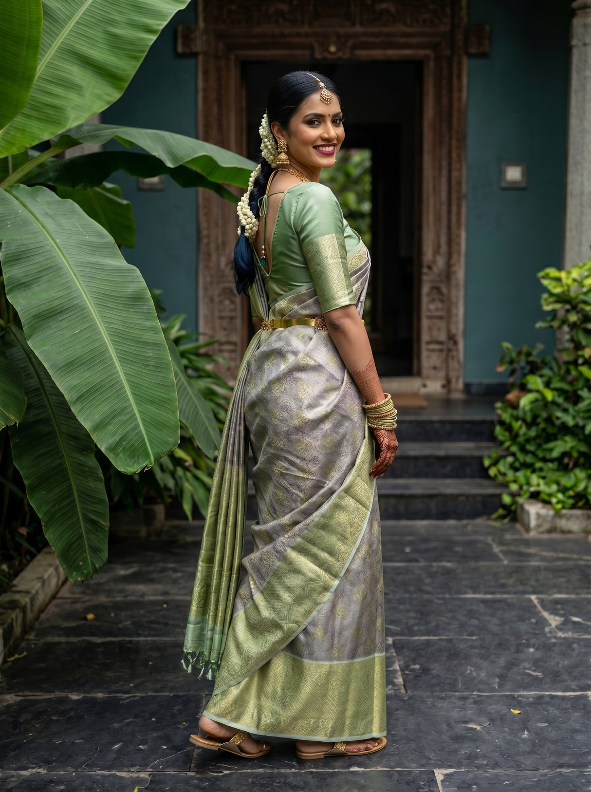MIMOSA Grey Kanjivaram Art Silk Saree — pose 7 styling detail