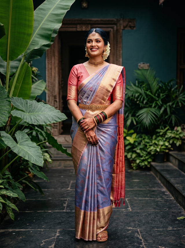 MIMOSA Royal Blue Kanjivaram Art Silk Saree — Model lifestyle pose