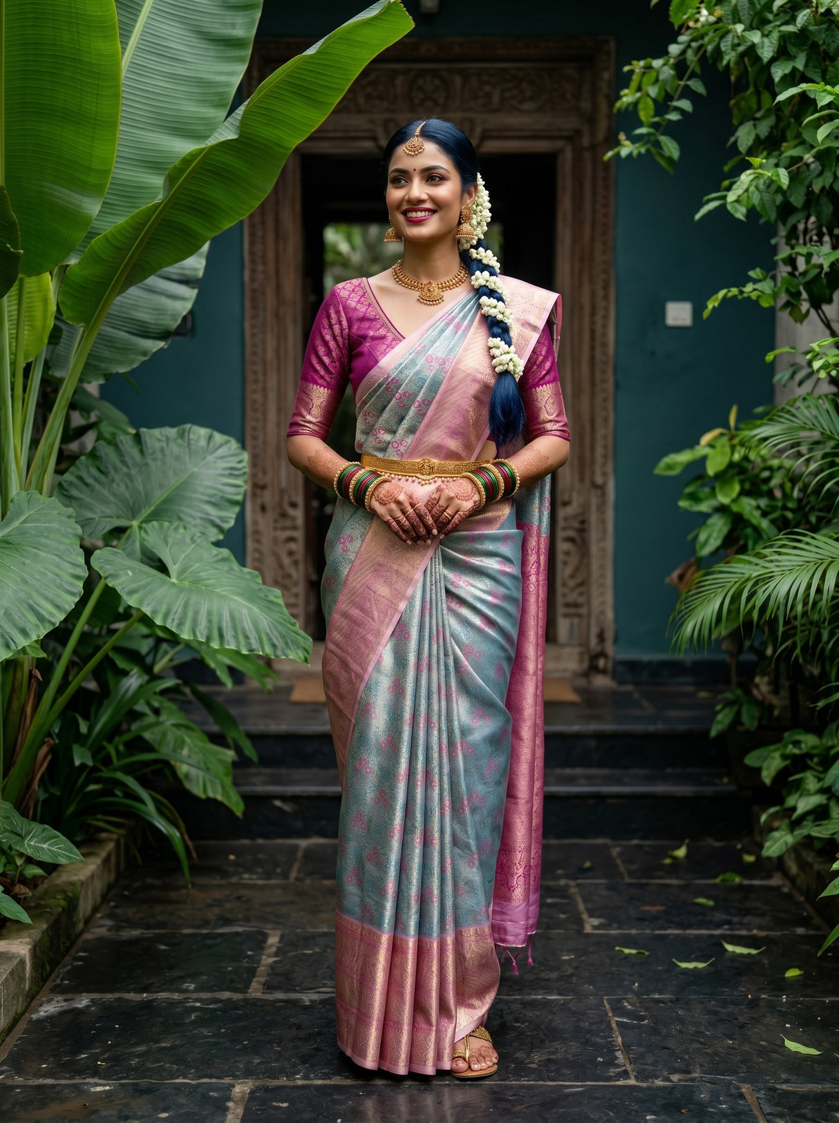 MIMOSA Sapphire Kanjivaram Art Silk Saree — Model lifestyle pose