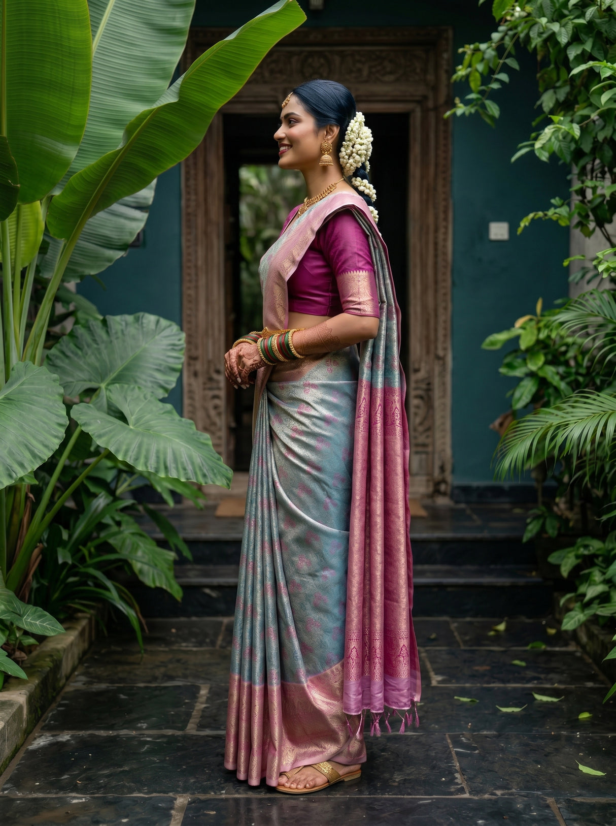MIMOSA Sapphire Kanjivaram Art Silk Saree — pose 3 styling detail