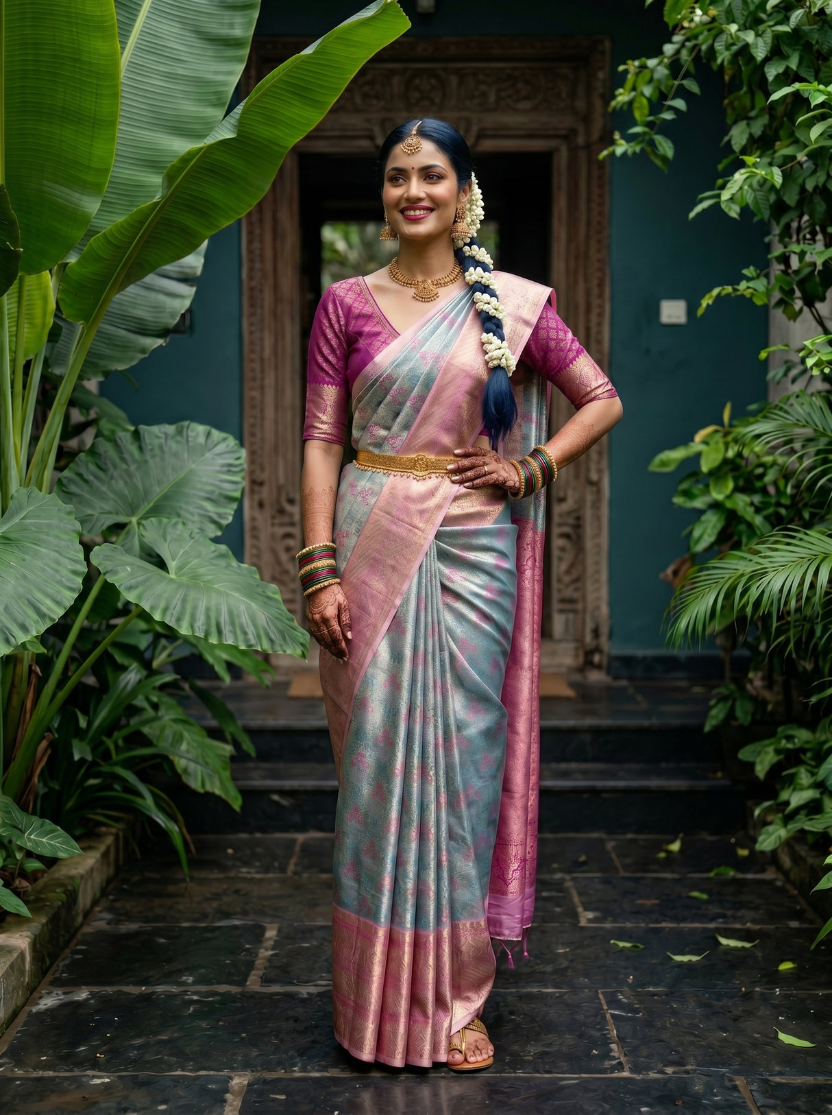 MIMOSA Sapphire Kanjivaram Art Silk Saree — pose 4 styling detail