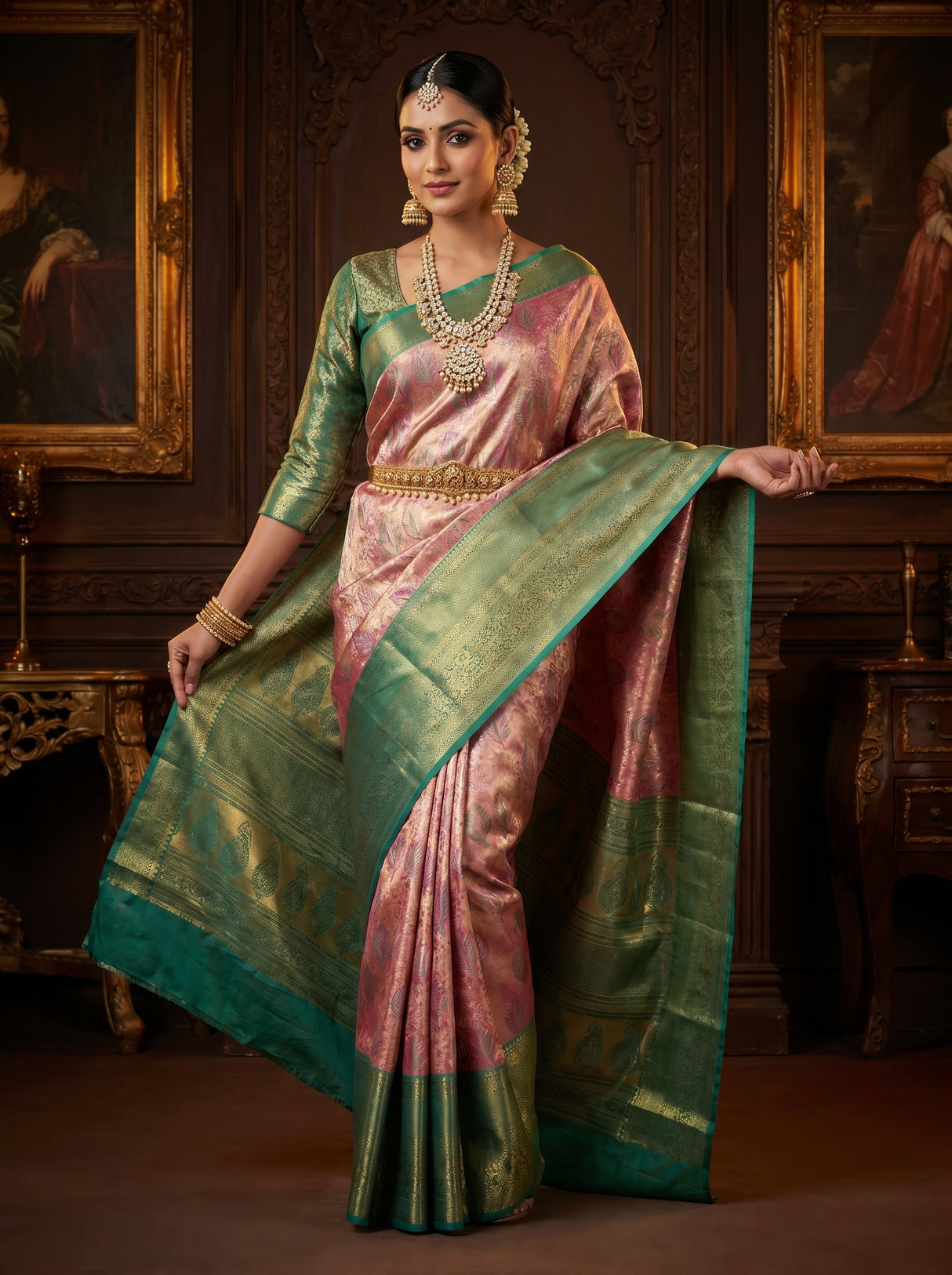 MIMOSA Gajari Kanjivaram Saree — Full View on AI Model