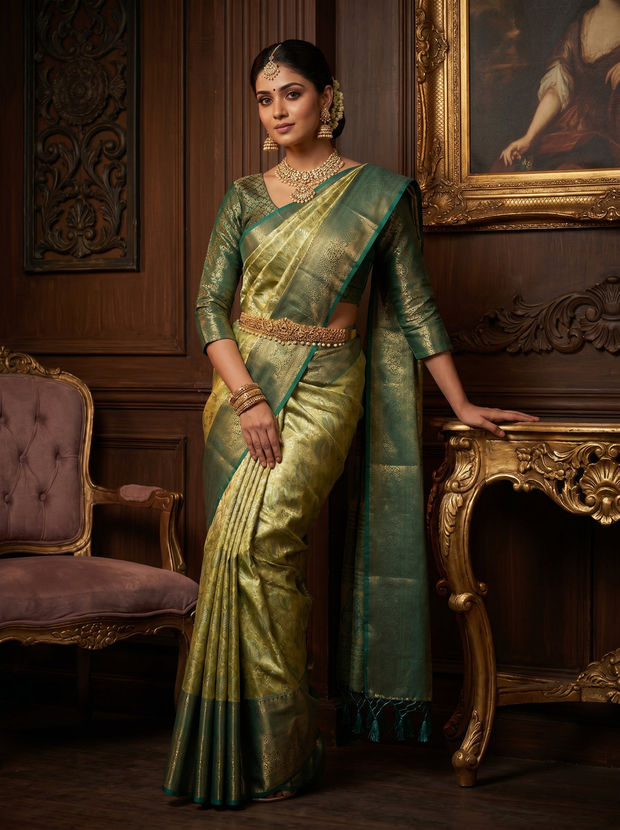 MIMOSA Olive Kanjivaram Saree — Full View on AI Model