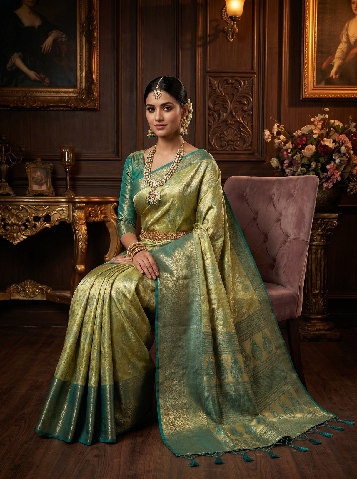 MIMOSA Olive Kanjivaram Art Silk Saree — pose 8 styling detail
