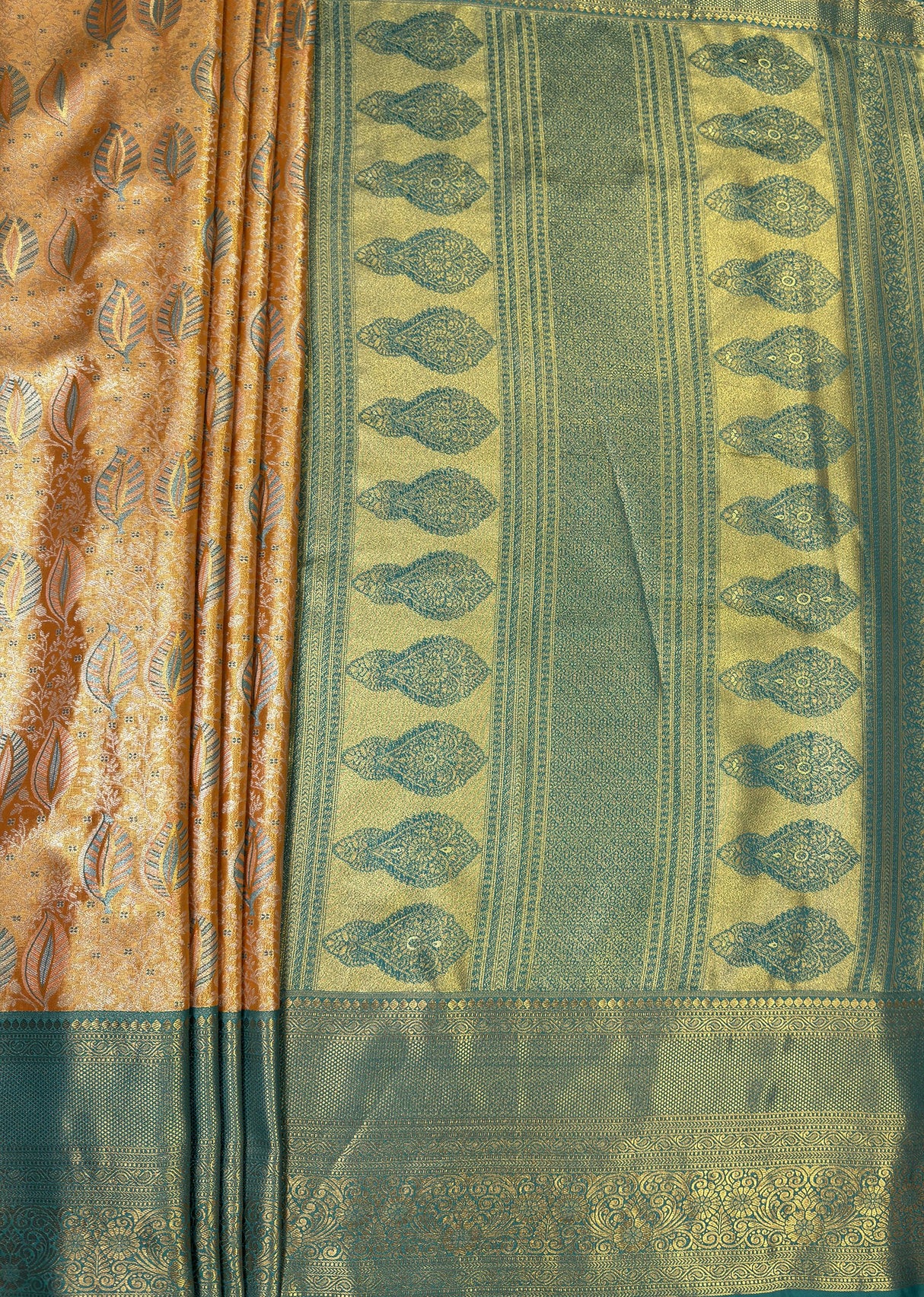 MIMOSA Orange Kanjivaram Art Silk Saree — pallu and zari work detail