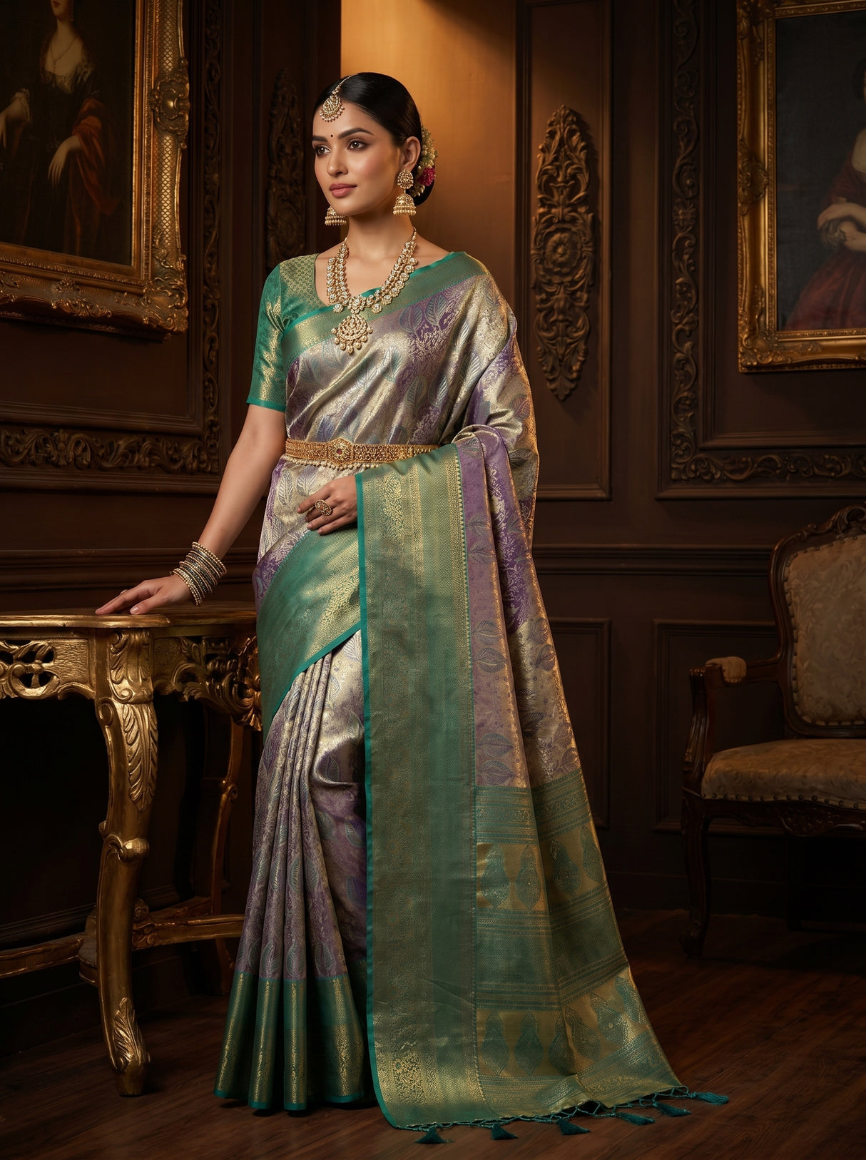 MIMOSA Violet Kanjivaram Saree — Full View on AI Model